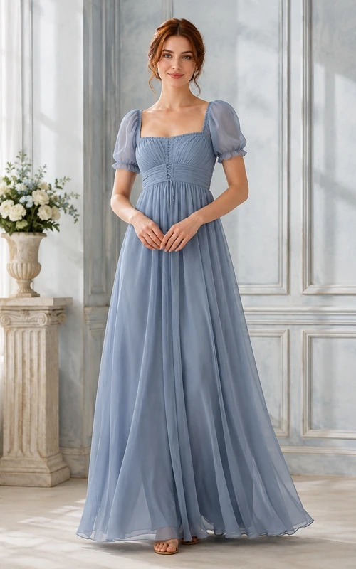 Romantic Slate Blue Square Neck Puff Sleeve Chiffon A-Line Floor-Length Formal Dress