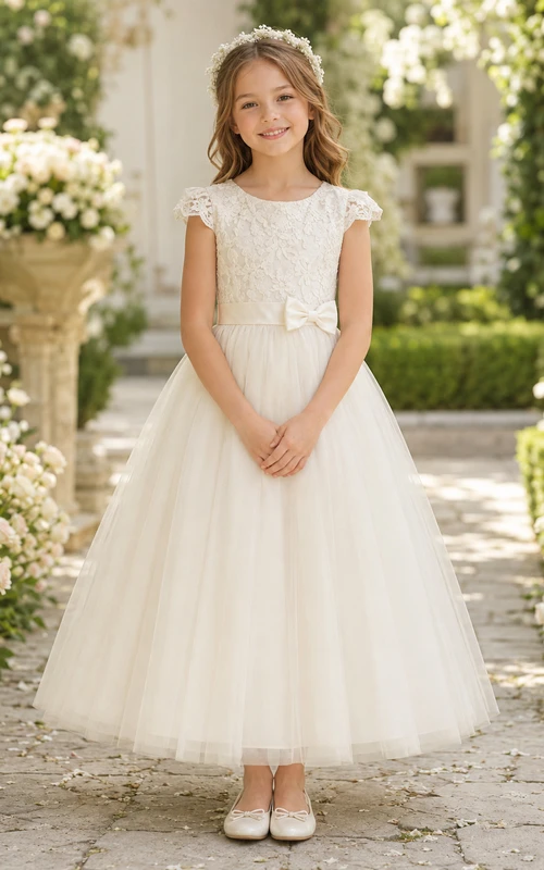 Flower Girl Dress Ivory Lace Tulle A-Line Jewel Neck Tea Length