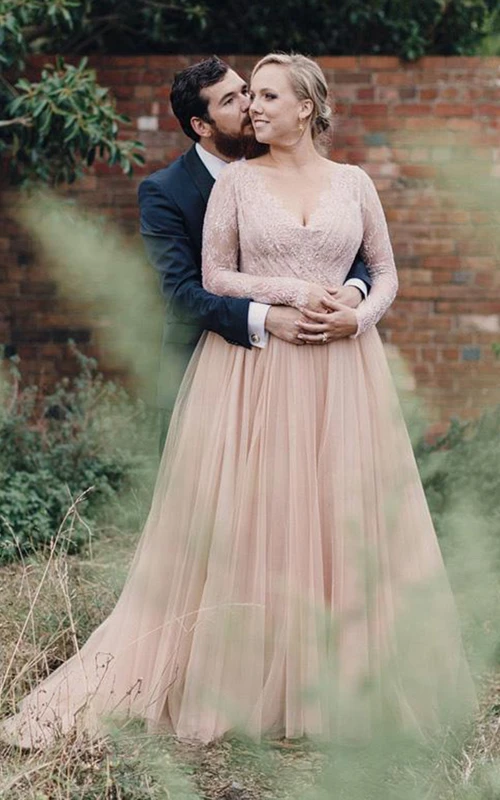 Vestido de novia vintage de tul etéreo, de talla grande, sexy, de manga larga y escote en V, de estilo campestre.