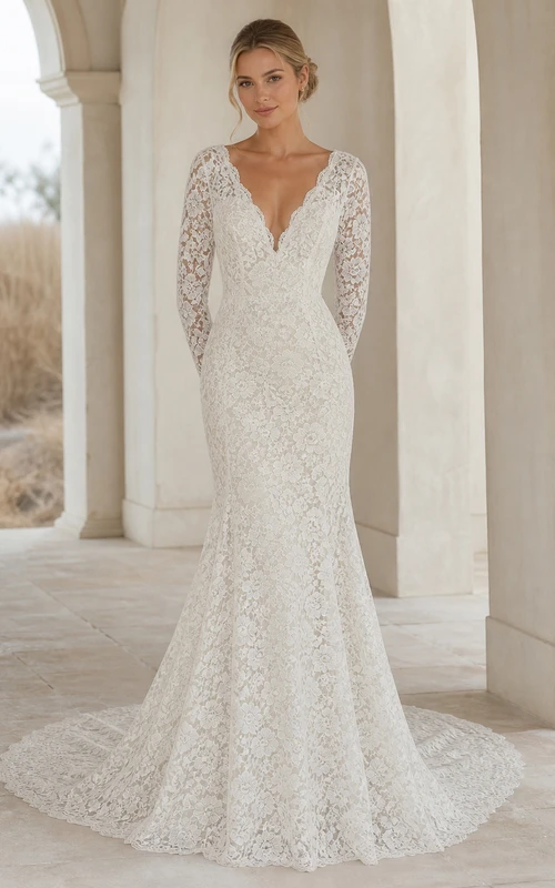 Elegante vestido de novia clásico de corte sirena con estampado floral, escote en V y mangas largas hasta el suelo.