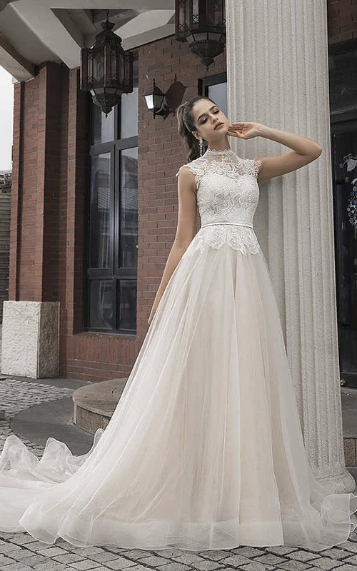 Vestido de novia de estilo vintage, elegante, de encaje y tul, con cuello alto y mangas cortas, y espalda abotonada.