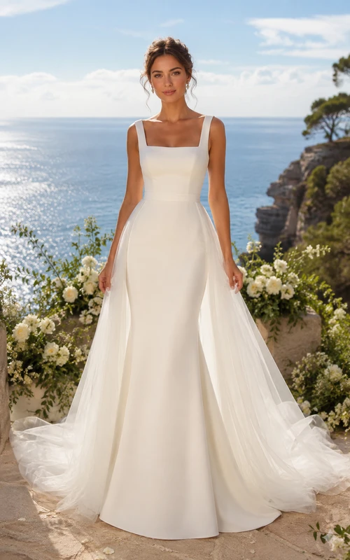 Sencillo vestido de novia de satén con escote cuadrado, corte en A, falda amplia y cola.