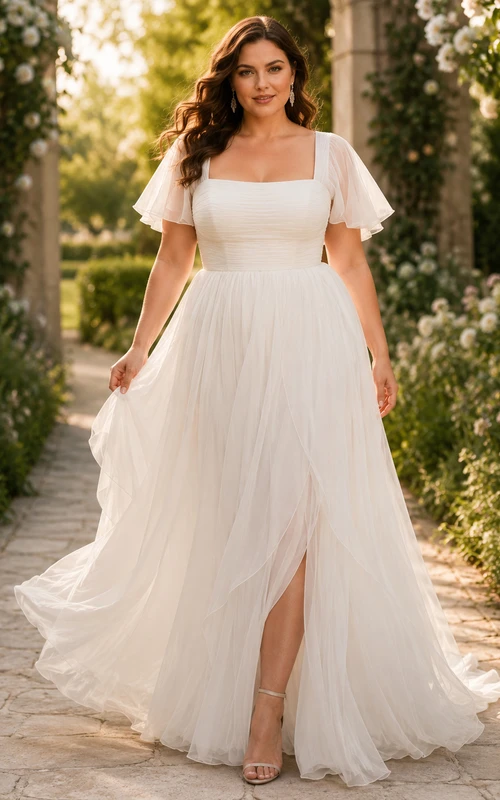 Robe de mariée romantique grande taille en mousseline de soie, coupe trapèze, col carré, manches courtes papillon, longueur au sol, col rond, manches courtes papillon