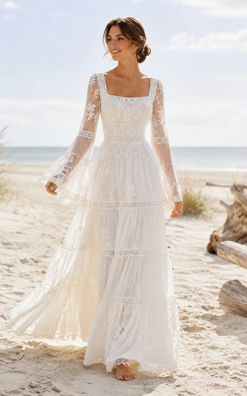 Boho Ibicenco A Line Square Neck Long Bell Sleeve Tiered Wedding Dress