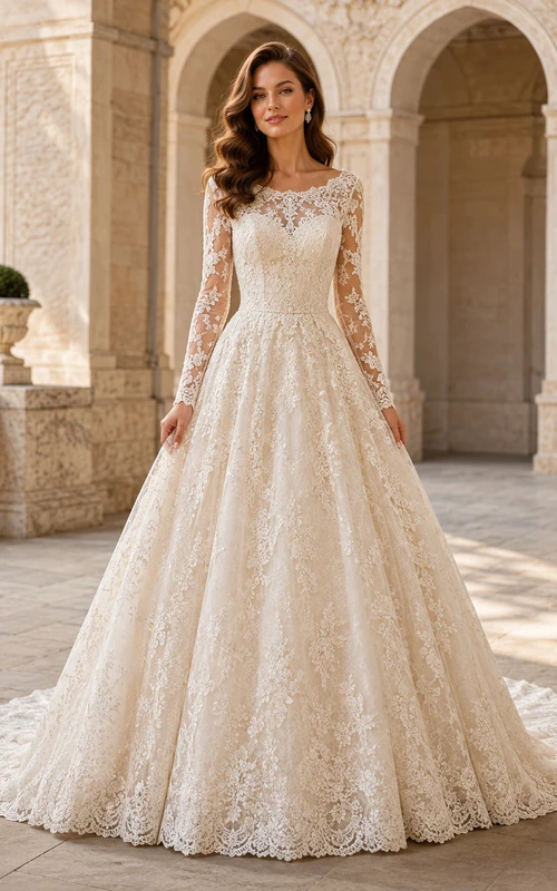 Robe de mariée princesse en dentelle à col montant et manches illusion, traîne chapelle