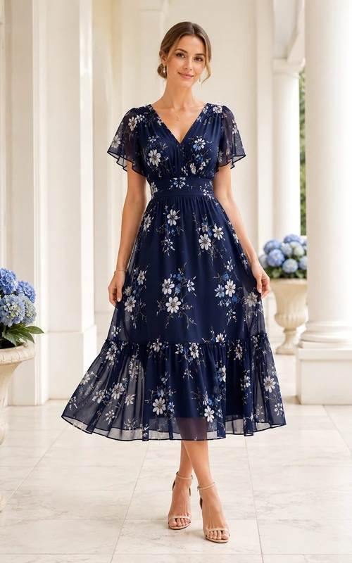 Robe d'invitée modeste bleu marine foncé, col en V, manches papillon, dentelle florale, coupe trapèze, longueur thé