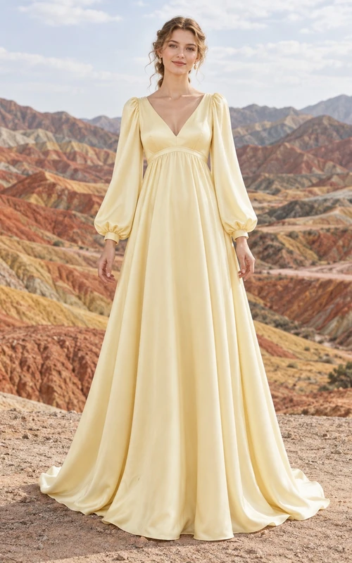 Vestido de novia sencillo de satén con escote en V y mangas largas estilo imperio, color narciso.