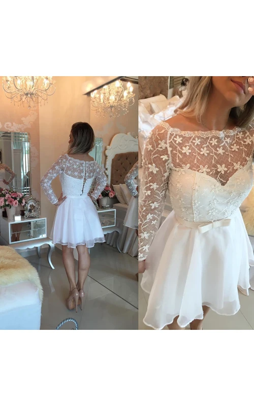 Wunderschönes weißes Spitzen-Abendkleid, kurzes Cocktailkleid mit langen Ärmeln
