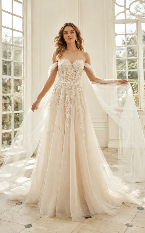 Robe de mariée de luxe en dentelle florale, épaules dénudées, manches longues, coupe trapèze, traîne chapelle, style A, en dentelle florale, luxueuse