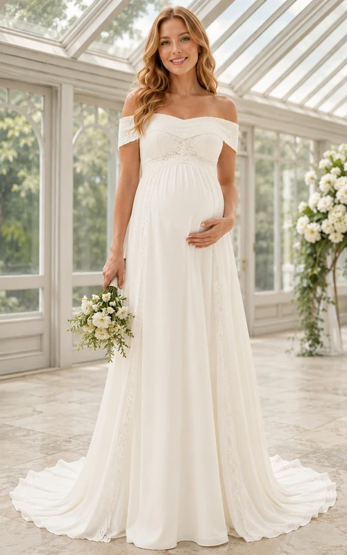 Romantic Maternity Off Shoulder Flutter Chiffon Empire Civil Wedding Gown