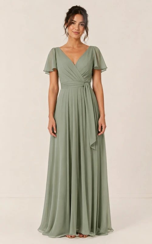 Vestido de dama de honor de gasa color verde salvia con escote en V y corte en A