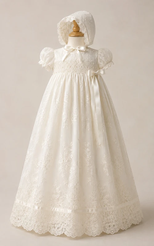 Robe de baptême vintage, robe de princesse pudique à manches bouffantes, en tulle et dentelle, longueur au sol, avec bonnet, couleur ivoire