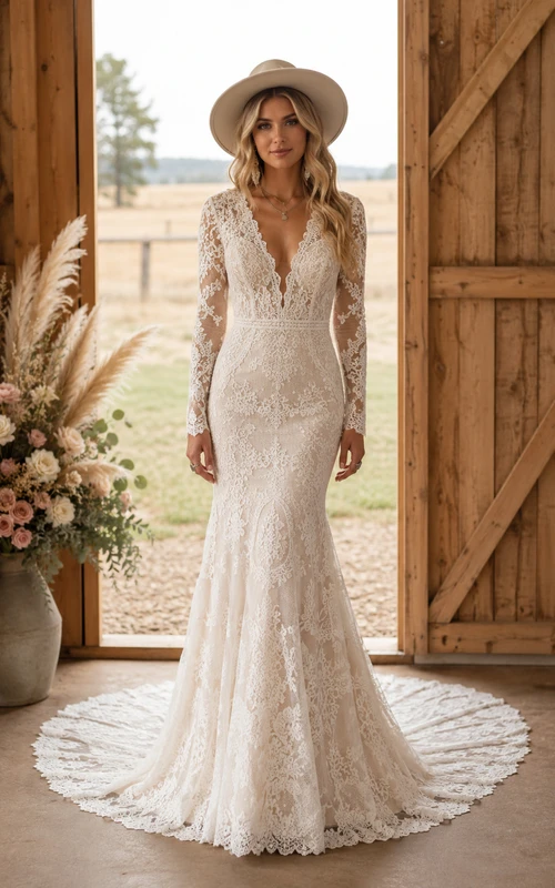 Robe de mariée sirène champêtre en dentelle, manches longues, col V, longueur au sol, traîne chapelle, ivoire