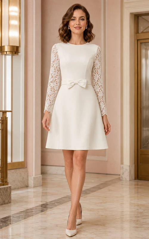 Vintage Bateau Long Illusion Lace Sleeve Satin A-Line Mini Bow Wedding Dress