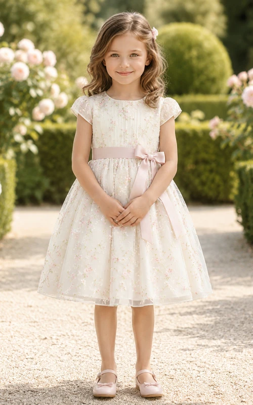 Vestido de niña de flores de algodón estampado color marfil, corte en A, mangas cortas y falda hasta la rodilla.