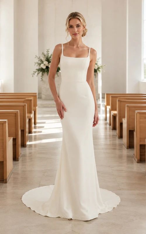 Minimalistisches Brautkleid aus Crêpe mit eckigem Ausschnitt im modernen Kapellenstil
