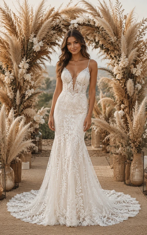 Sexy Mermaid Wedding Dress Sleeveless V-Neck Lace Applique Floor Length Chapel Train Ivory