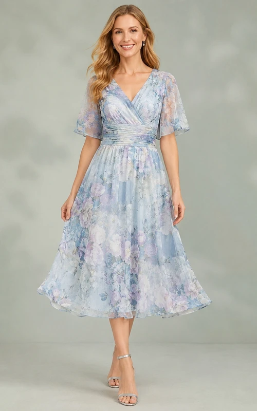Robe d'invitée bleue à fleurs, coupe trapèze, en mousseline, col V, manches courtes, style jardin