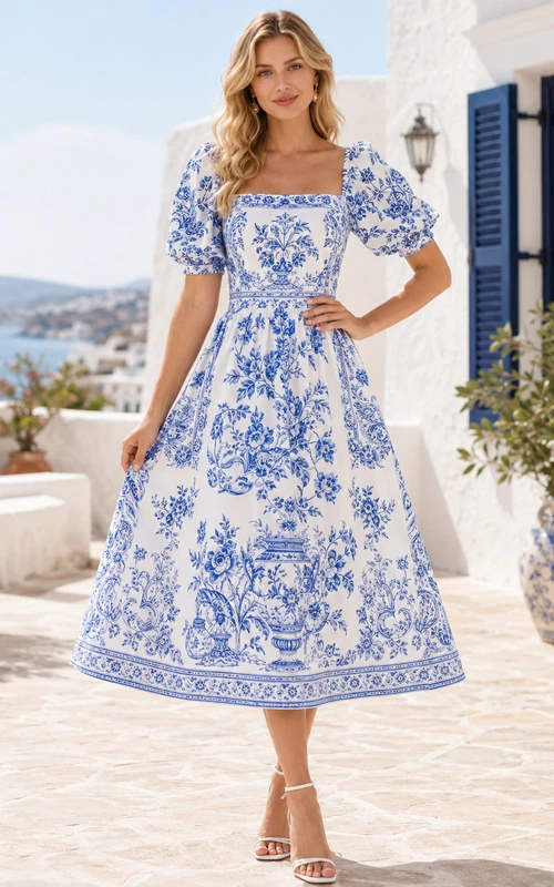 Blue Porcelain Print Square Neck Puff Sleeve Midi Dress