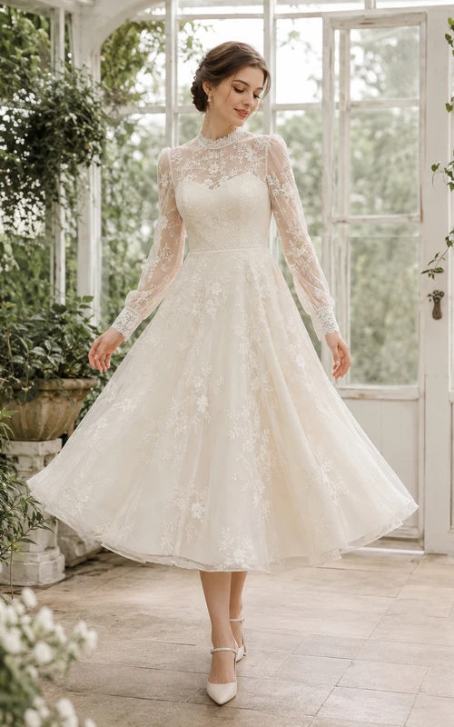 Robe de mariée vintage longue à col montant, manches illusion en dentelle, coupe trapèze, longueur thé, décolleté en goutte d'eau