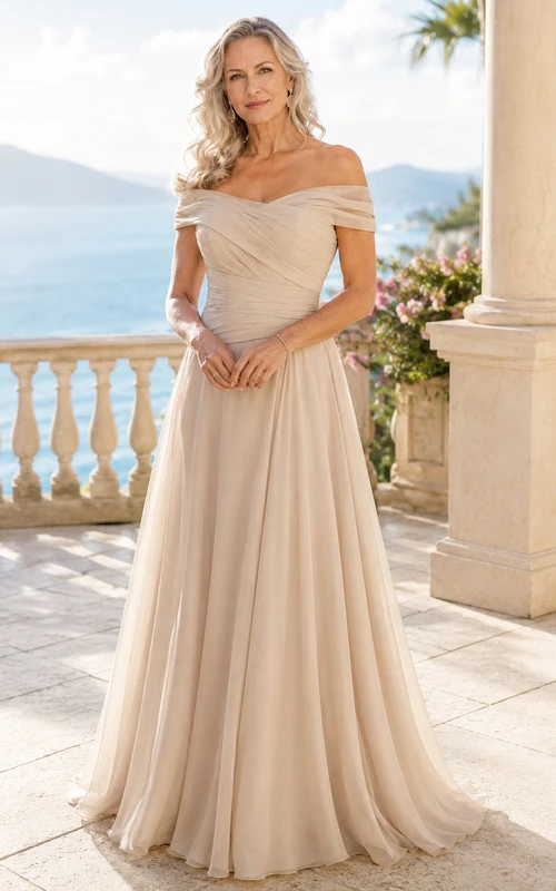 Maternity MOB Dress Champagne Tulle A-Line Short Sleeve Off Shoulder Floor Length Pleated