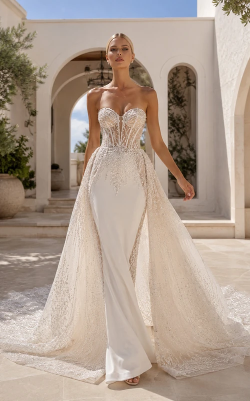 Robe de mariée champêtre élégante en dentelle et tulle, bustier cœur, coupe trapèze, traîne chapelle, ornée d'appliqués floraux
