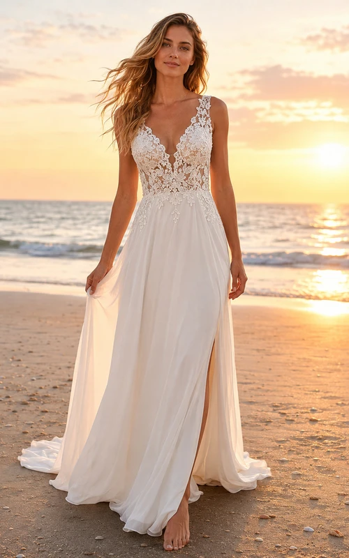 Boho Beach V-Neck Lace A-Line Wedding Dress With Open Back