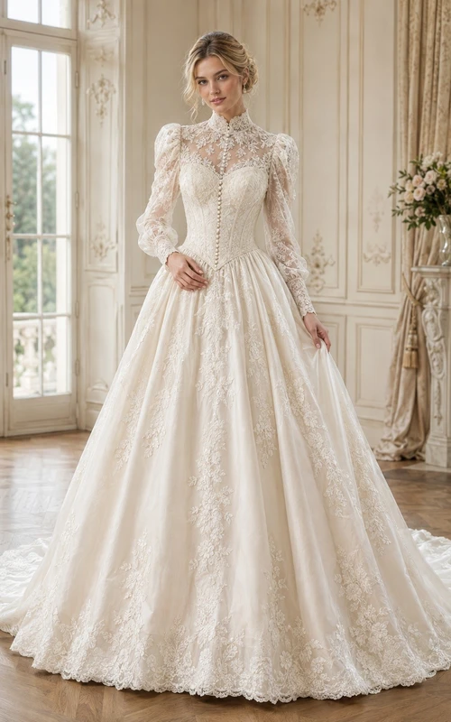 Vestido de novia vintage modesto, romántico, de manga larga, cuello alto y estilo princesa, color blanco con encaje.