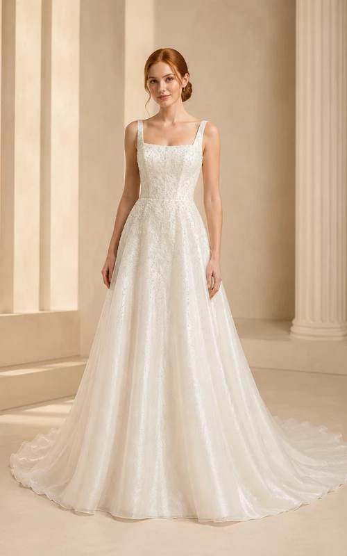 Brautkleid aus Spitze und Tüll, A-Linie, eckiger Ausschnitt, ärmellos, Kapellenschleppe
