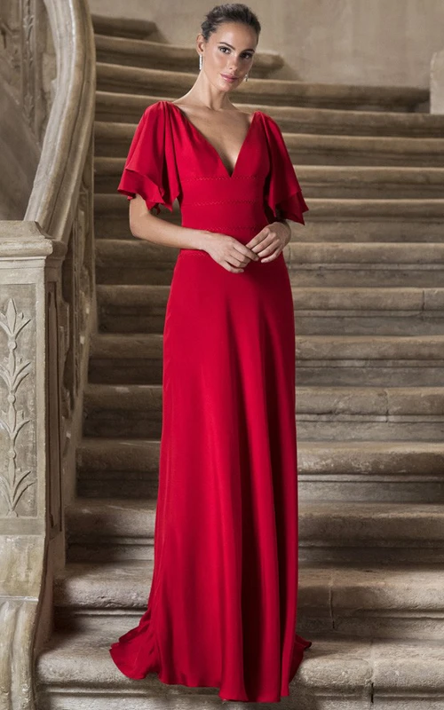 Elegante vestido de fiesta largo hasta el suelo de satén con escote en V y corte en A