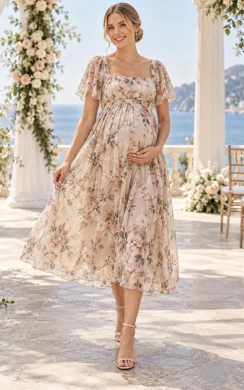 Vestido de fiesta premamá de gasa con cuello cuadrado y estampado floral, largo hasta la rodilla y mangas con volantes.