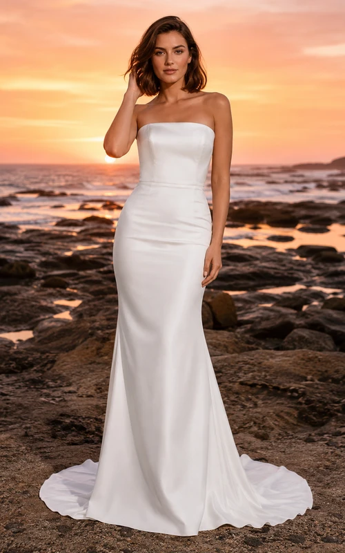Sleek Strapless Satin Sunset Beach Mermaid Elopement Gown