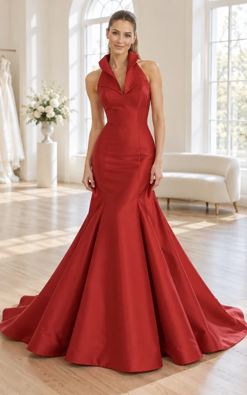 Vestido de novia de satén rojo, largo hasta el suelo, sin mangas, con cuello halter y falda acampanada.