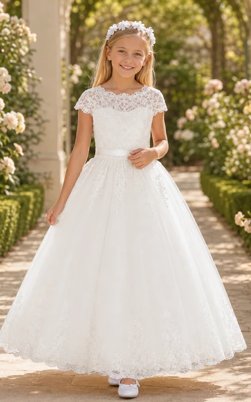 Robe de demoiselle d'honneur à épaules dénudées en dentelle florale et manches courtes pour la communion