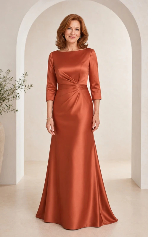 Mutterkleid aus rostfarbenem Satin mit 3/4-Ärmeln und seitlicher Drapierung