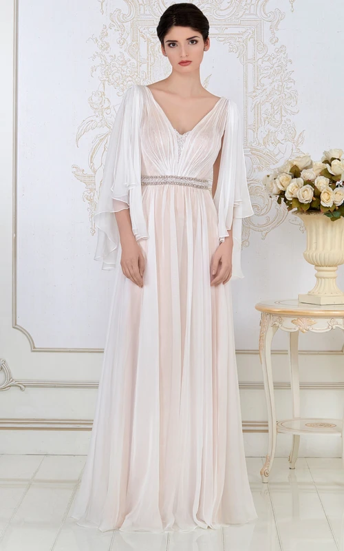 Vestido de noche largo de tul con escote en V, mangas abullonadas, bordados y fruncido, corte en línea A.