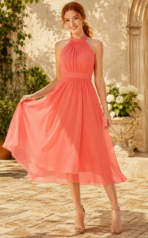 Coral Halter Neck Chiffon Tea Length A Line Garden Cocktail Dress