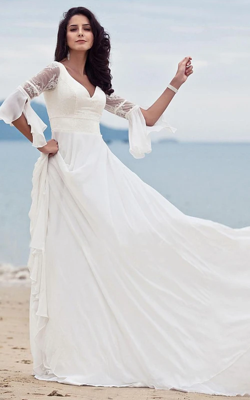 Vestido de novia sencillo de gasa con escote en V, encaje, corte en A, largo hasta el suelo y manga corta.