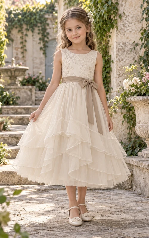 Teelanges, elfenbeinfarbenes, ärmelloses Chiffonkleid in A-Linie mit fließendem V-Ausschnitt am Rücken und taupefarbener Schärpe für Blumenmädchen