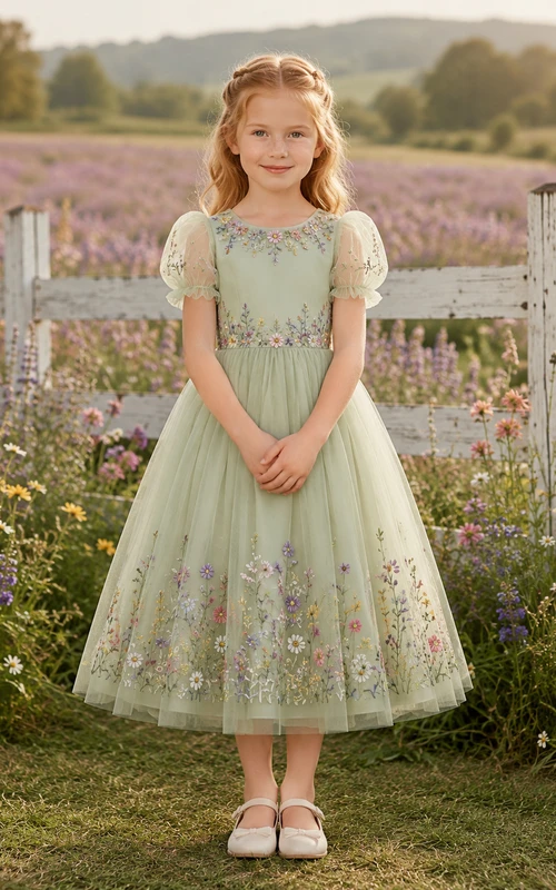 Sage Floral Embroidery Tulle Flower Girl Tea-Length Puff Sleeve Garden Dress