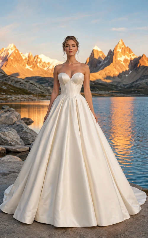 Trägerloses, plissiertes Ballkleid aus Satin mit Herzausschnitt und kurzer Schleppe – Hochzeitskleid für die Destination Wedding