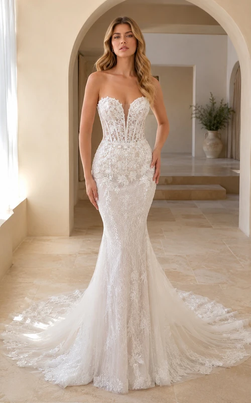 Trägerloses Brautkleid mit Herzausschnitt, floraler Spitze, Meerjungfrauen-Illusion und Kapellenschleppe