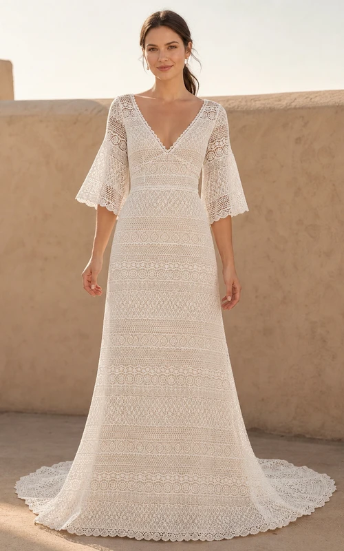 Vestido de novia bohemio de corte recto con escote en V y mangas cortas, estilo tubo, de crochet y rayas, hasta el suelo.