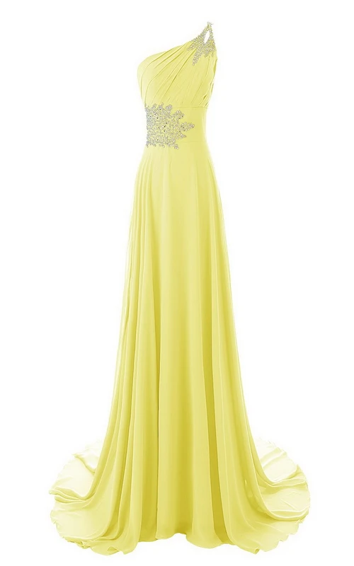 Einseitig schulterfreies, perlenbesetztes Chiffon-Abendkleid in A-Linie mit Schleppe