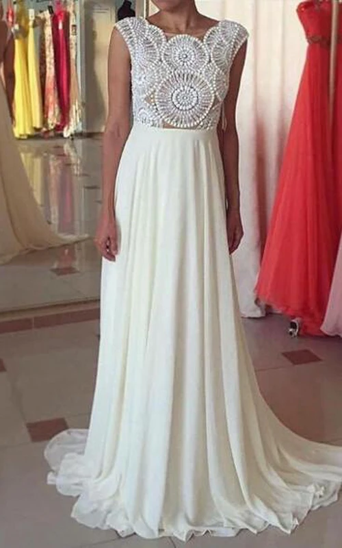Neuestes Chiffon-Abendkleid mit Perlen, A-Linie, kurzen Ärmeln und Schleppe