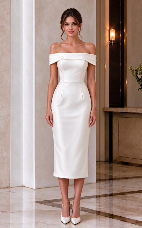 Vestido midi blanco de satén con hombros descubiertos