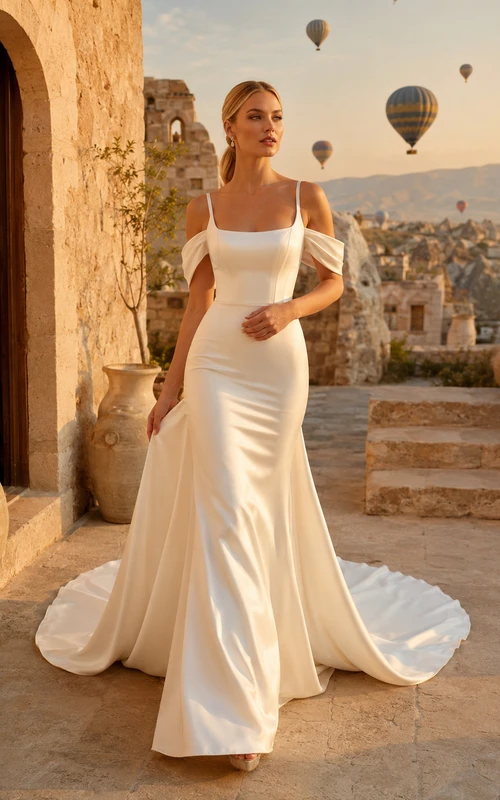 Robe de mariée sirène moderne en satin à encolure carrée et épaules dénudées, idéale pour une destination touristique