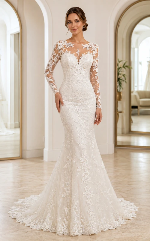 Robe de mariée sirène en dentelle romantique, col montant, doublure cœur, traîne chapelle, longueur au sol