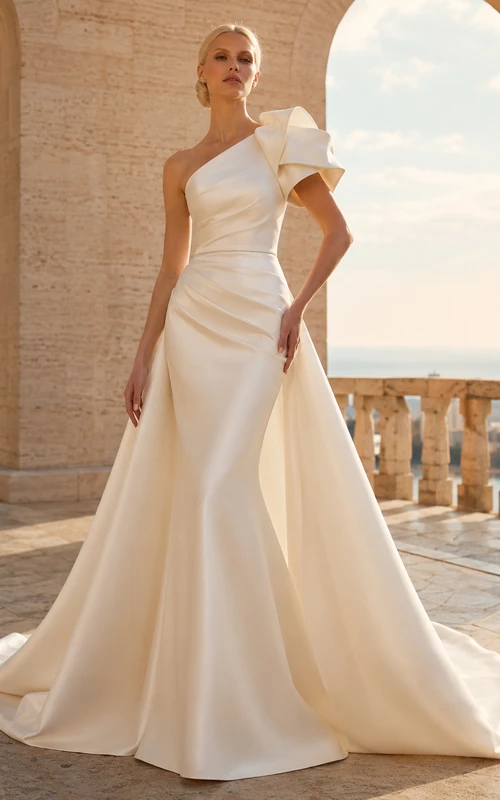 Robe de mariée asymétrique en satin à nœud sur une épaule, coupe trapèze drapée, style chapelle, style cape.