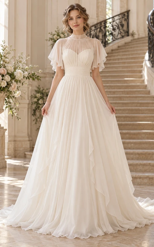 Modest High Neck Flutter Sleeve Chiffon A-line Train Wedding Dress